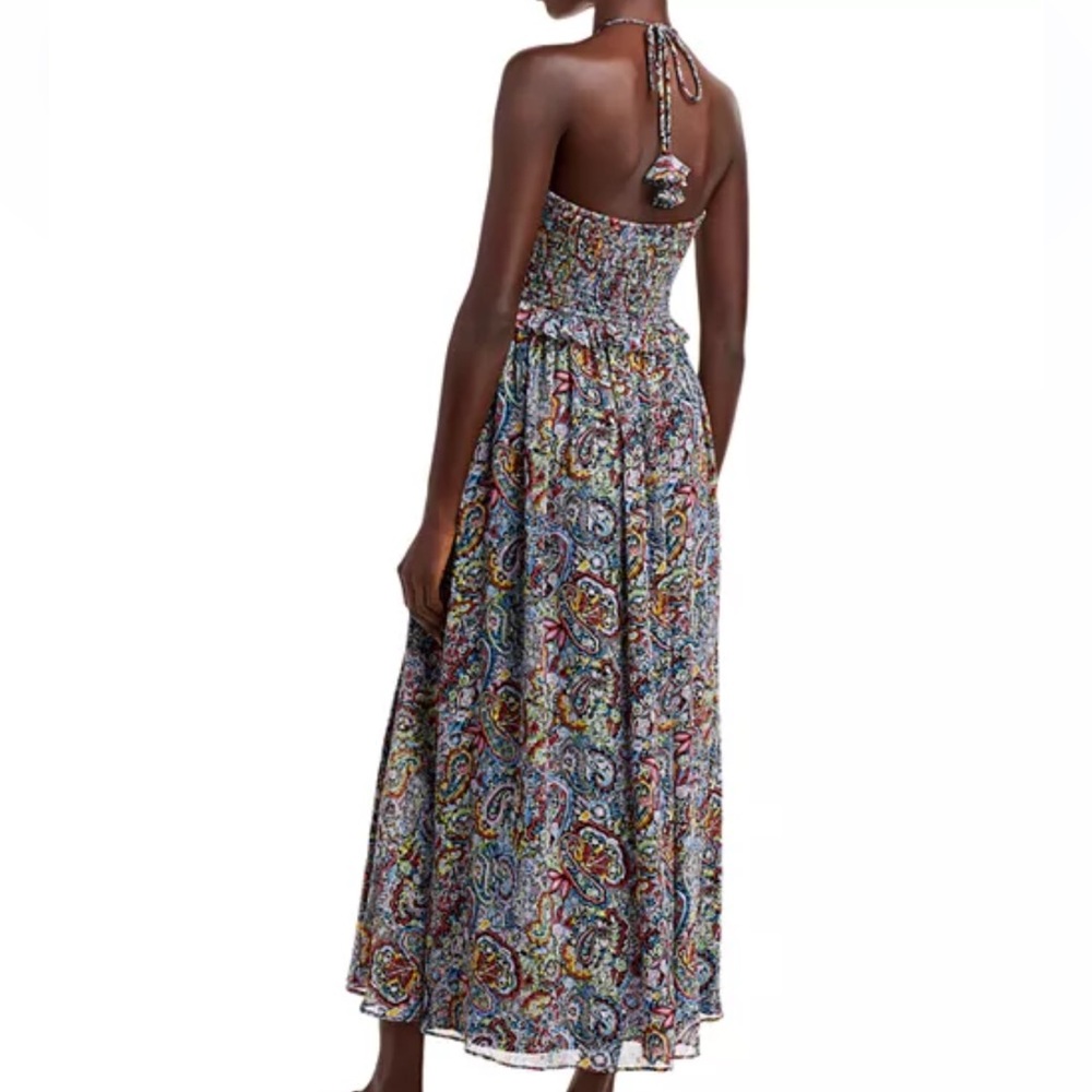 Aqua Vibrant Paisley Smocked Halter Midi Dress Size M Backless Elegant Classy